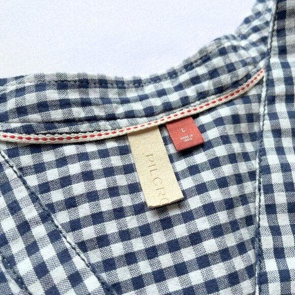 PILCRO WHITE BLUE CHECKERED GINGHAM OVERSIZED COLLARLESS BUTTON DOWN SHIRT - L - Picture 7 of 11